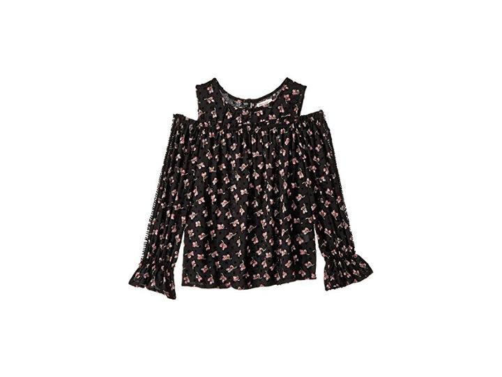 Ella Moss Girl Cold Shoulder Clip Dot Top (big Kids) (black Floral) Girl's Clothing
