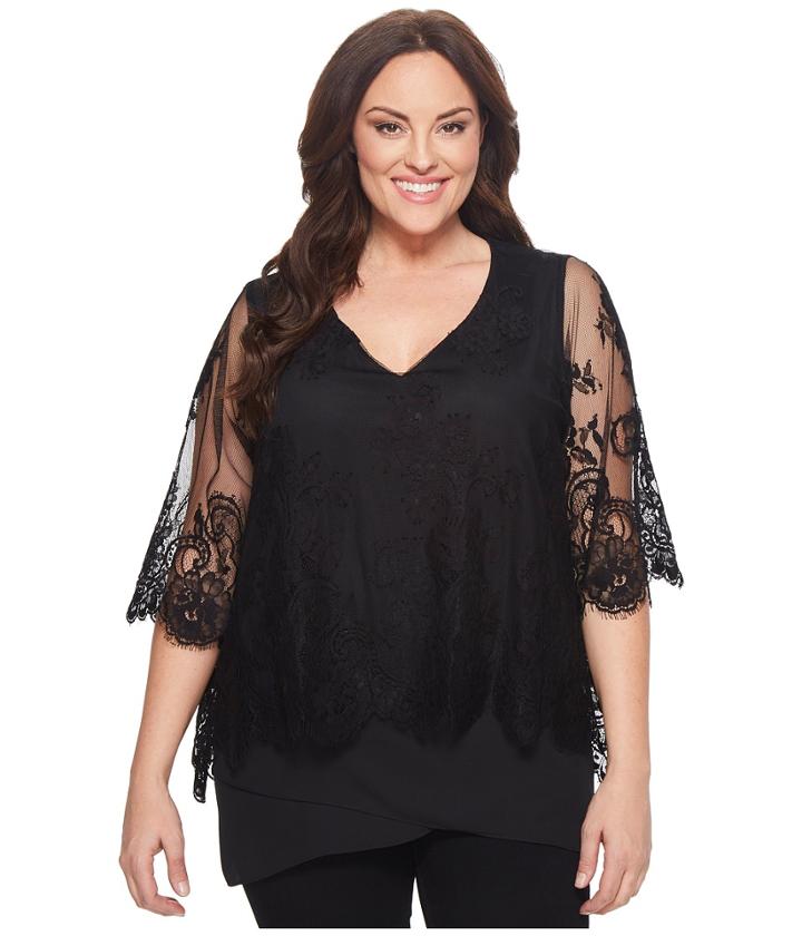 Karen Kane Plus Plus Size Lace Overlay Asymmetric Top (black) Women's Clothing