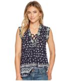 Lucky Brand Lace-up Printed Top (navy Multi) Women's Short Sleeve Pullover