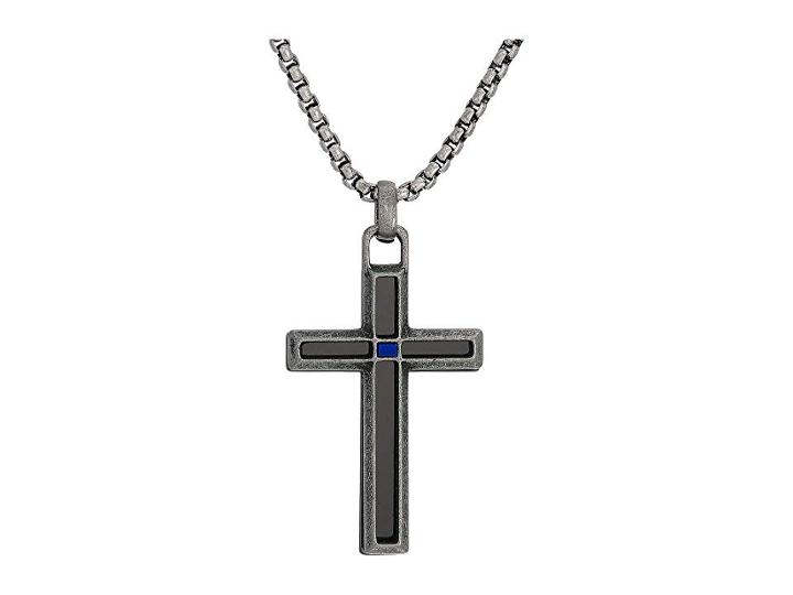 Steve Madden 18 Stone Duo Cross Pendant Necklace In Stainless Steel (black/silver) Necklace