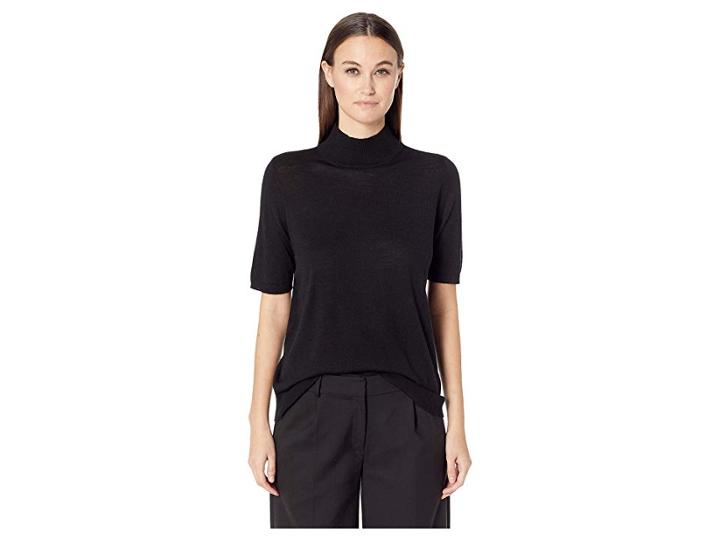 Eileen Fisher Fine Merino Jersey Mock Neck Elbow Sleeve Top (black) Women's Clothing