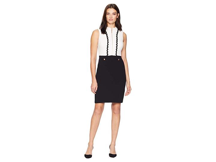 Ivanka Trump Scallop Trim Sleeveless Scuba Crepe Dress (ivory/black) Women's Dress