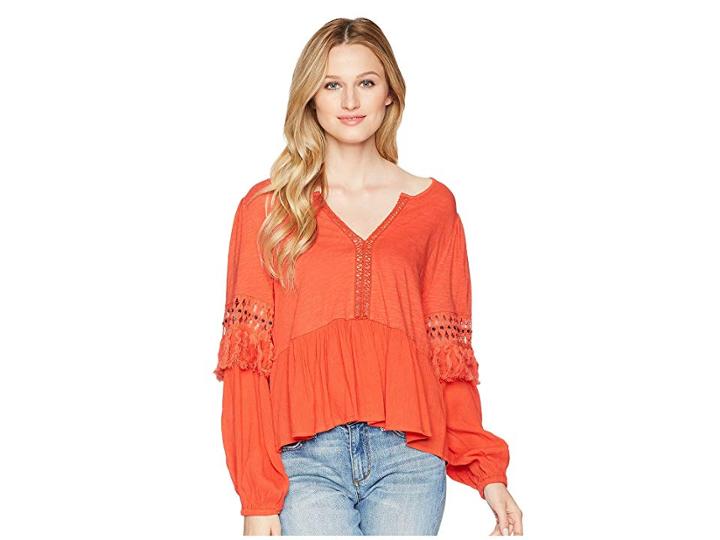 Lucky Brand Cut Out Peasant Top (red Clay) Women's Long Sleeve Pullover