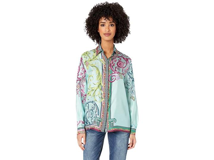 Versace Collection Candy Ferris Wheel Print Silk Classic Shirt (blue Print) Women's Blouse