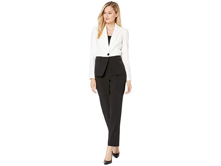 Le Suit One-button Notch Collar Crepe Pants Suit (vanilla Ice/black) Women's Suits Sets