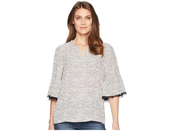 Ivanka Trump Flared Sleeve Printed Blouse With Open Hem (black/ivory) Women's Clothing