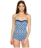 Tommy Bahama Shibori Splash Shirred Bandeau One-piece Swimsuit (plunge Blue) Women's Swimsuits One Piece
