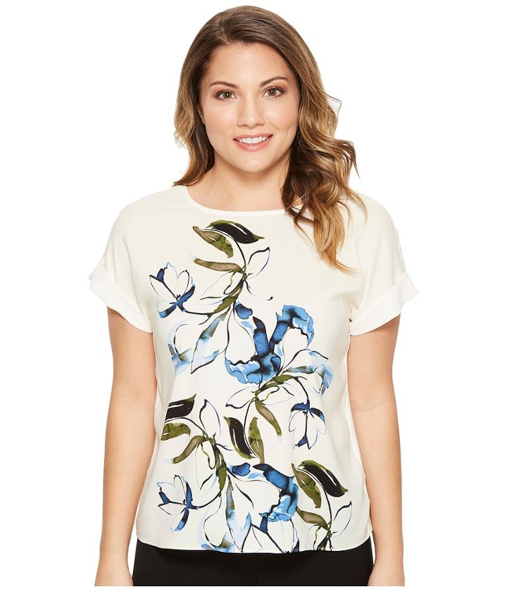 Vince Camuto Specialty Size Petite Extend Shoulder Ink Portrait Print Blouse (antique White) Women's Blouse