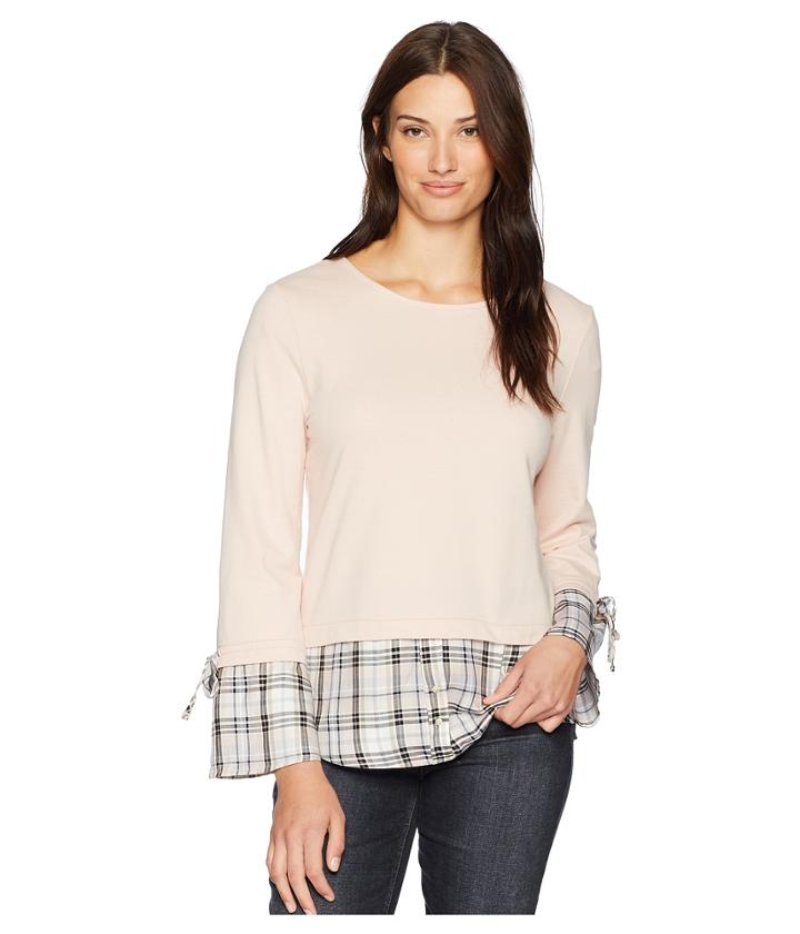 Alexander Jordan Long Sleeve Twofer Front Terry Blush W/ Plaid Tie Sleeve (blush) Women's Clothing