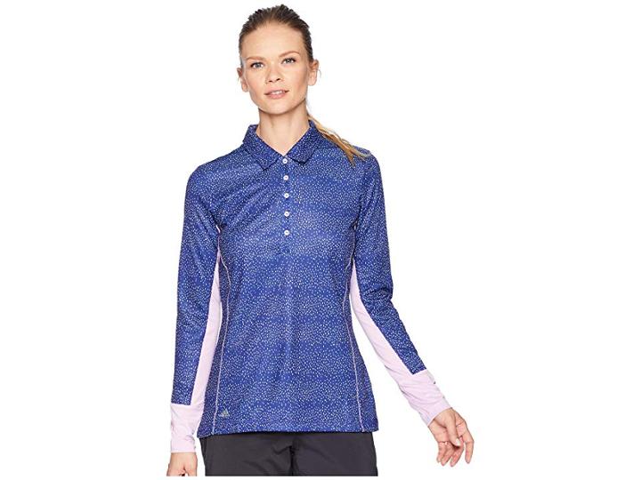 Adidas Golf Printed Upf Long Sleeve Polo (real Purple/clear Lilac) Women's Clothing