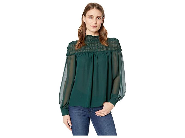 Vince Camuto Long Sleeve Poly Chiffon Smocked Mock Neck Blouse (hunter) Women's Blouse