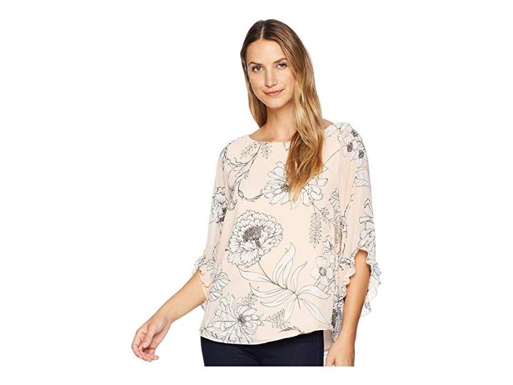 Calvin Klein Printed Chiffon Blouse With Ruffle Sleeve (blush Combo) Women's Blouse