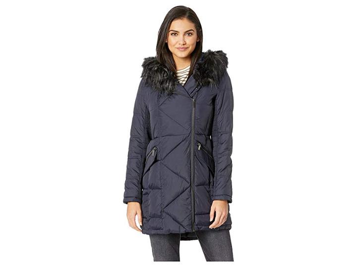 French Connection Asymmetrical Faux Fur Puffer (utility Blue) Women's Coat
