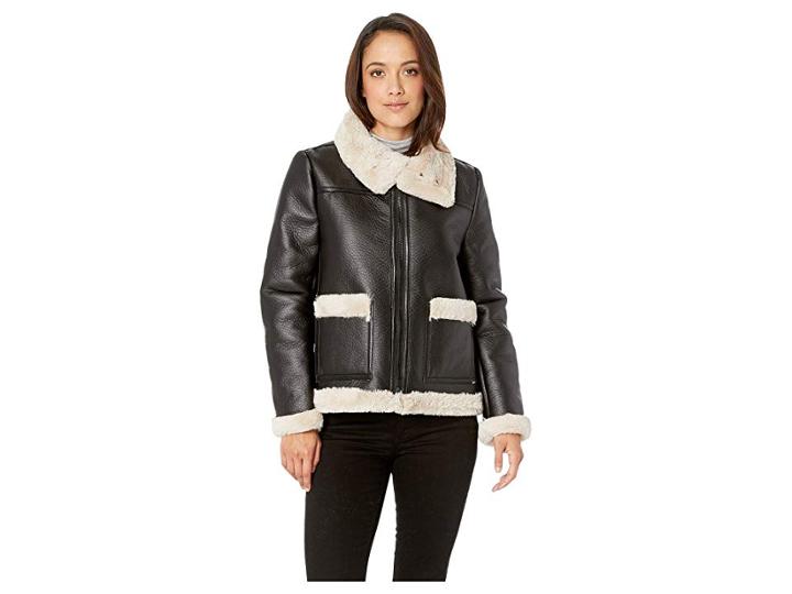 Vince Camuto Specialty Size Petite Long Sleeve Pleather Shearling Trimmed Jacket (rich Black) Women's Coat