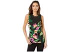 Eci Sleeveless Floral Printed Tie Front Top (black/green) Women's Clothing