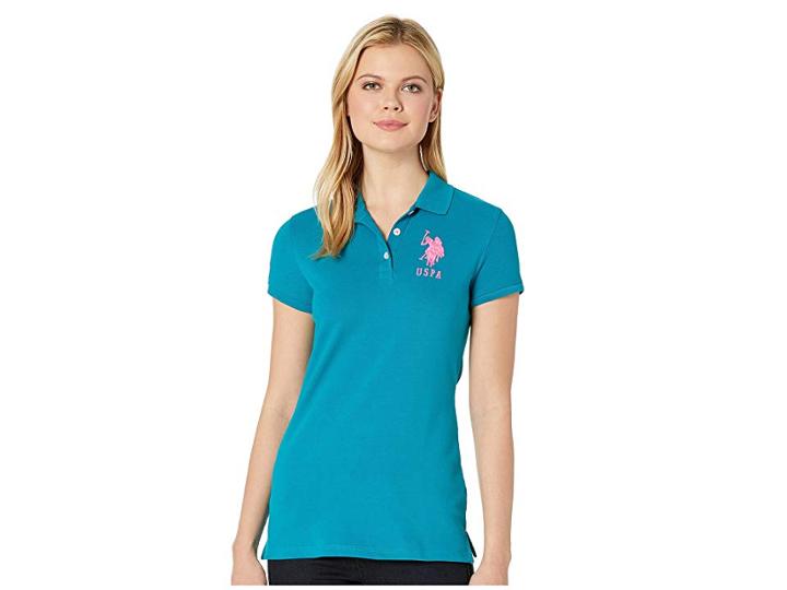 U.s. Polo Assn. Neon Logos Short Sleeve Polo Shirt (shocking Peacock) Women's Short Sleeve Knit