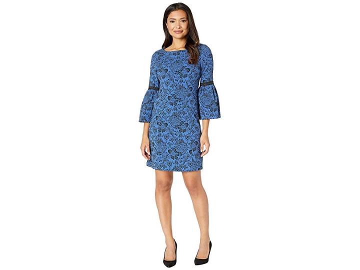 Laundry By Shelli Segal Bell Sleeve Stretch Jacquard Shift Dress (black/royal) Women's Dress