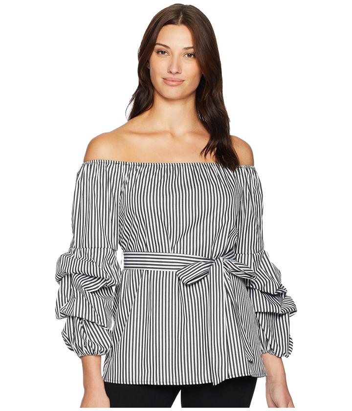 Eci Off The Shoulder Balloon Sleeve Pin Striped Top (white/black) Women's Clothing