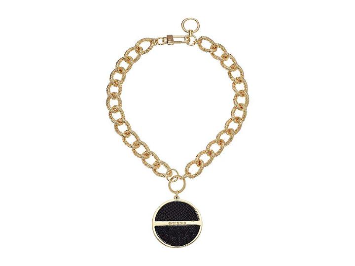 Guess Logo Disc On Chunky Chain Pendant Necklace (gold/jet) Necklace