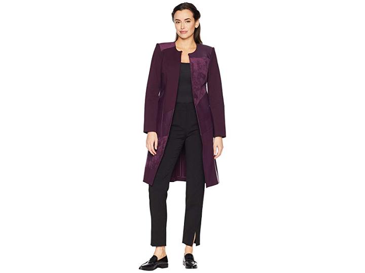 Calvin Klein Long Jacket W/ Suede Faux Leather (aubergine) Women's Coat