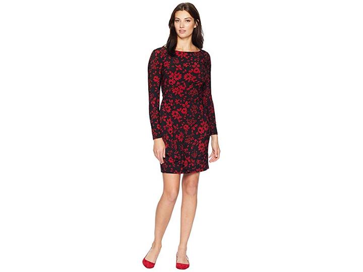 Chaps Ruffle-trimmed Jersey Dress (black/lakehouse Red) Women's Dress