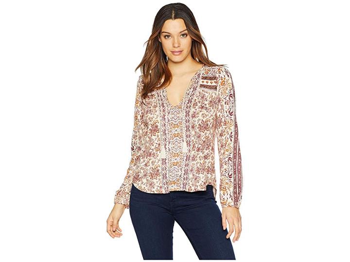Lucky Brand Printed Peasant W/ Beads Top (natural Multi) Women's Clothing