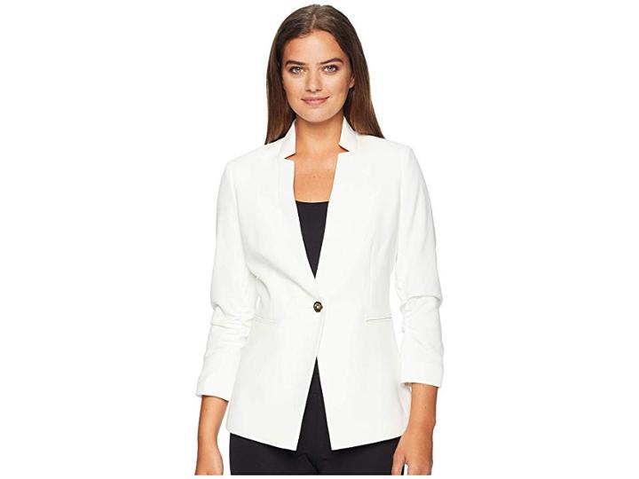 Tahari By Asl Crepe One-button Rouched Sleeve Jacket (ivory) Women's Coat
