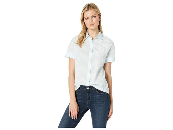 U.s. Polo Assn. Yarn-dye Embroidery Stripe Blouse (pearlescent Aqua) Women's Clothing