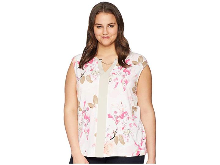 Calvin Klein Plus Plus Size Sleeveless Knit W/ Chain (white/latte) Women's Sleeveless
