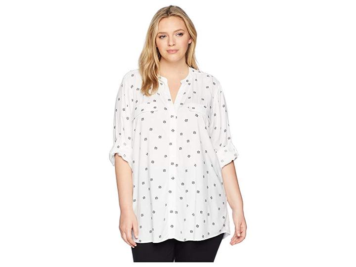 Calvin Klein Plus Plus Size Printed Roll Sleeve (white/black Dot) Women's Blouse