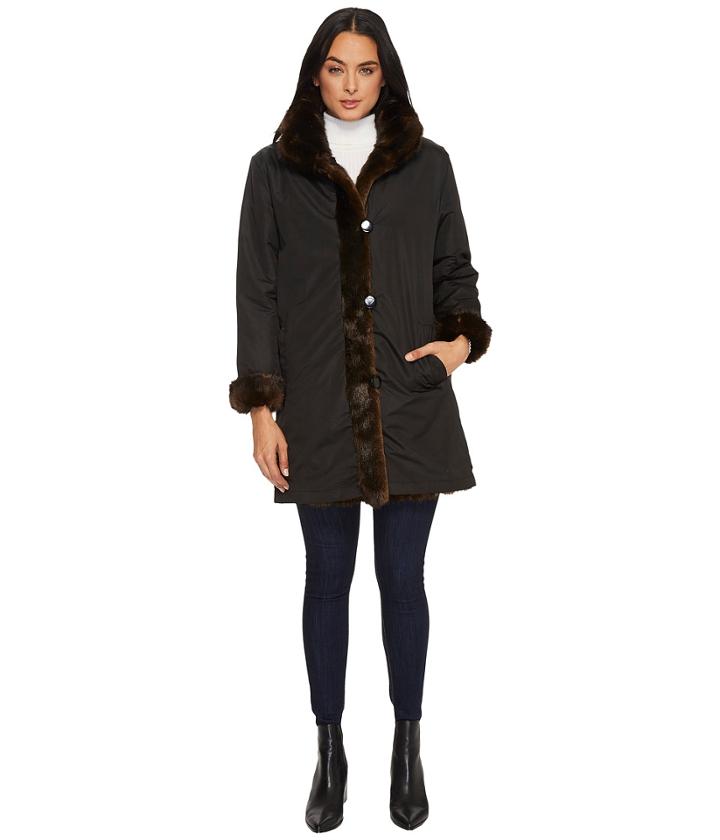 Kc Collections Reversible Faux Fur Coat (black) Women's Coat