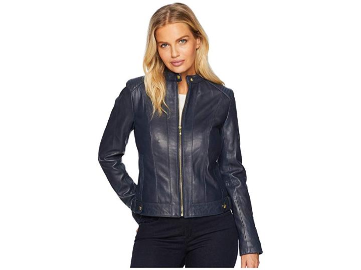 Cole Haan Leather Racer Jacket With Quilted Panels (navy) Women's Jacket