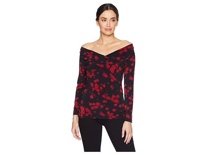 Michael Michael Kors Rose Over The Shoulder Cross Long Sleeve Top (black/red Currant) Women's Clothing