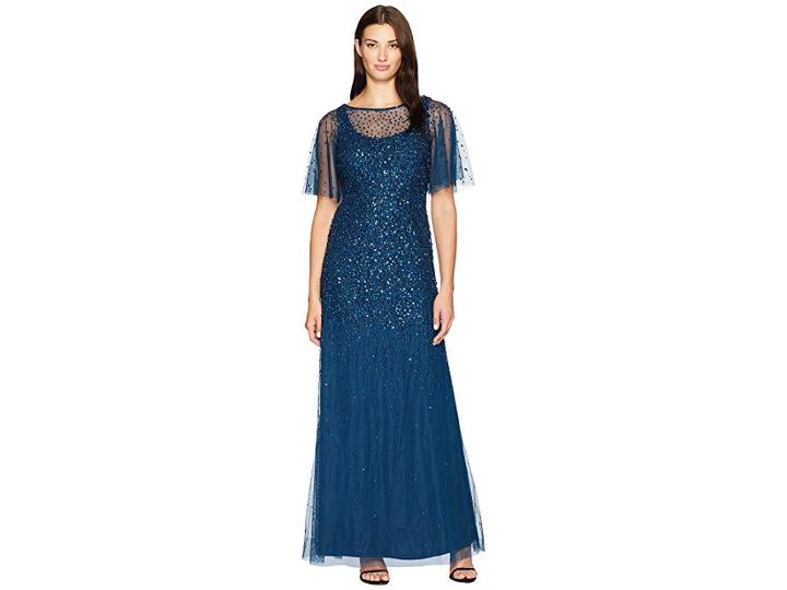 Adrianna Papell Beaded Gown With Flutter Capelet Sleeves (deep Blue) Women's Dress