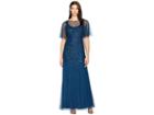Adrianna Papell Beaded Gown With Flutter Capelet Sleeves (deep Blue) Women's Dress