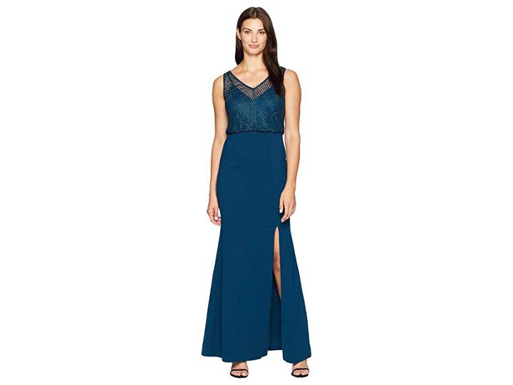Adrianna Papell Beaded Blouson Gown With Solid Stretch Crepe Skirt (teal Crush) Women's Dress