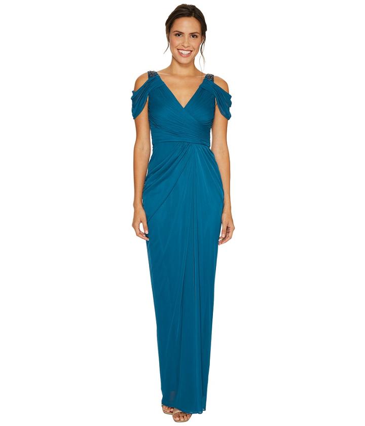 Adrianna Papell Cold Shoulder Rouched Stretch Tulle Dress With Beaded Details (deep Teal) Women's Dress