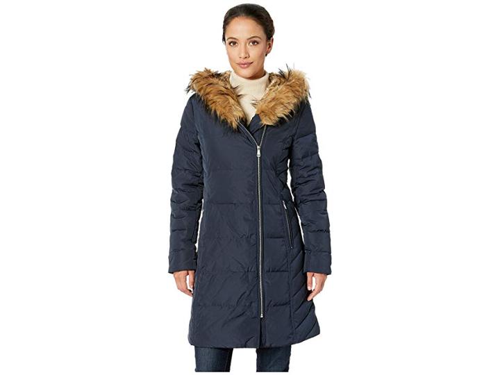 Cole Haan Taffeta Down Coat With Faux Fur Hood (navy) Women's Coat