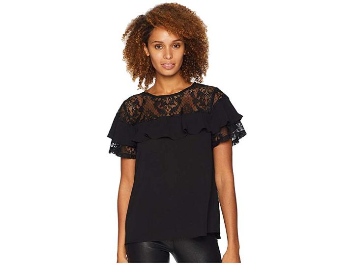Bobeau Lace Yoke Ruffle Detail Top (black) Women's Clothing