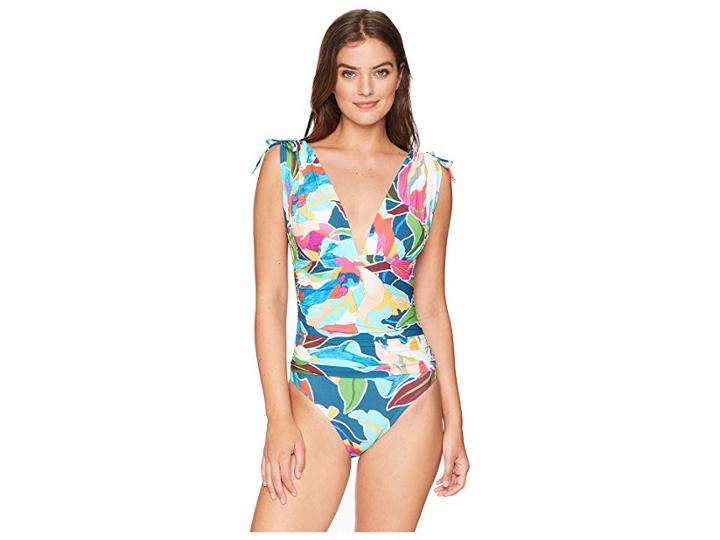 La Blanca Go With The Flo-ral Adjustable Arm Coverage Over The Shoulder One-piece Swimsuit (marina) Women's Swimsuits One Piece