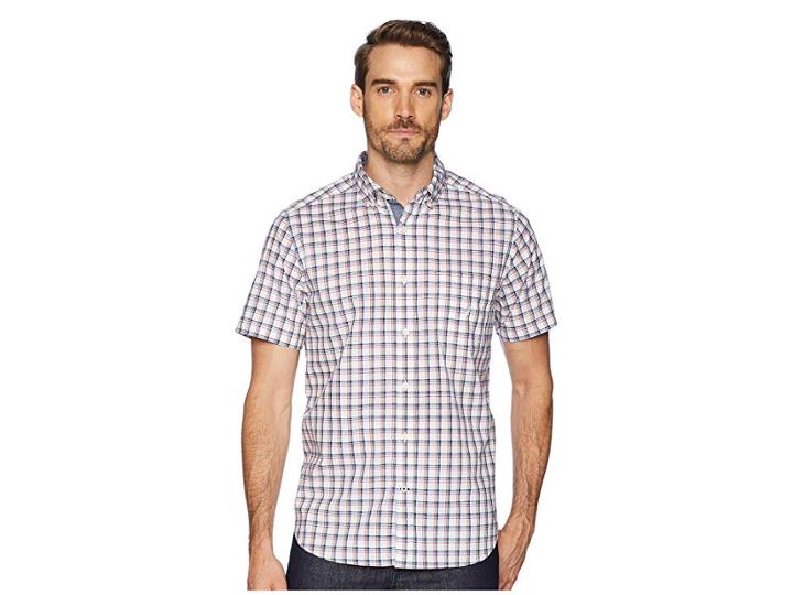 Nautica Short Sleeve Plaid Poplin Woven Shirt (bright White) Men's Clothing