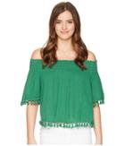 Michael Stars Double Gauze Short Sleeve Smocked Cropped Top With Tassels (emerald) Women's Clothing