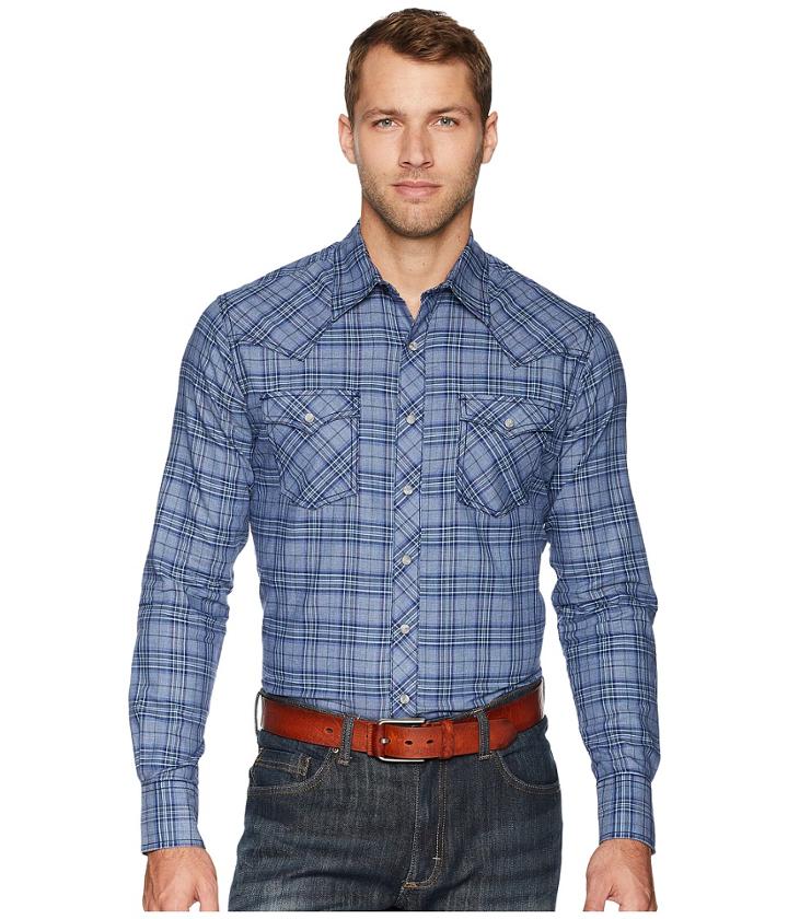 Wrangler Retro Long Sleeve Two-pocket Snap Plaid (indigo Heather) Men's Clothing