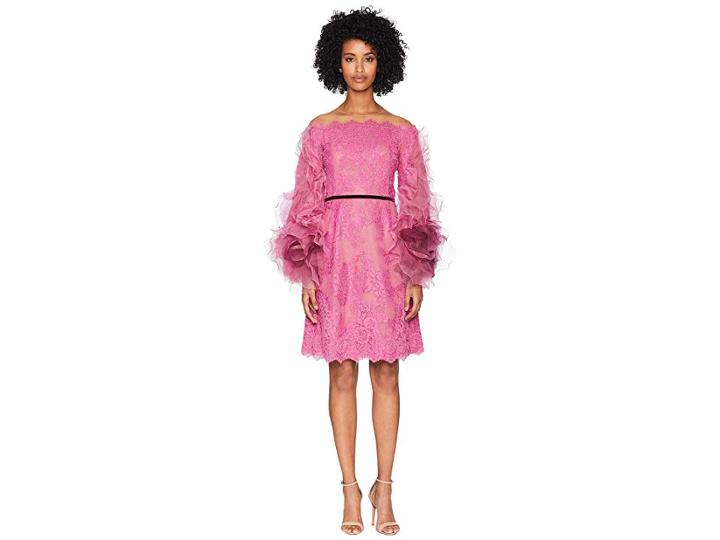 Marchesa Off The Shoulder Corded Lace Cocktail W/ Tulle Sleeves (azalea) Women's Dress