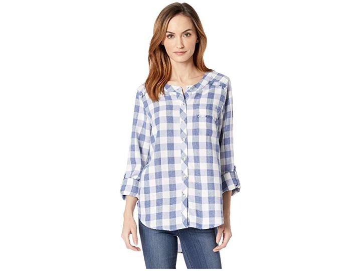 Mod-o-doc Buffalo Check Flannel Mandarin Collar Shirt With Fringe Trim (blue) Women's Clothing