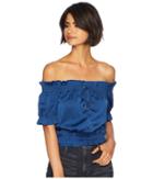 Romeo & Juliet Couture Front Tie Off Shoulder Short Sleeve Blouse (estate Blue) Women's Blouse