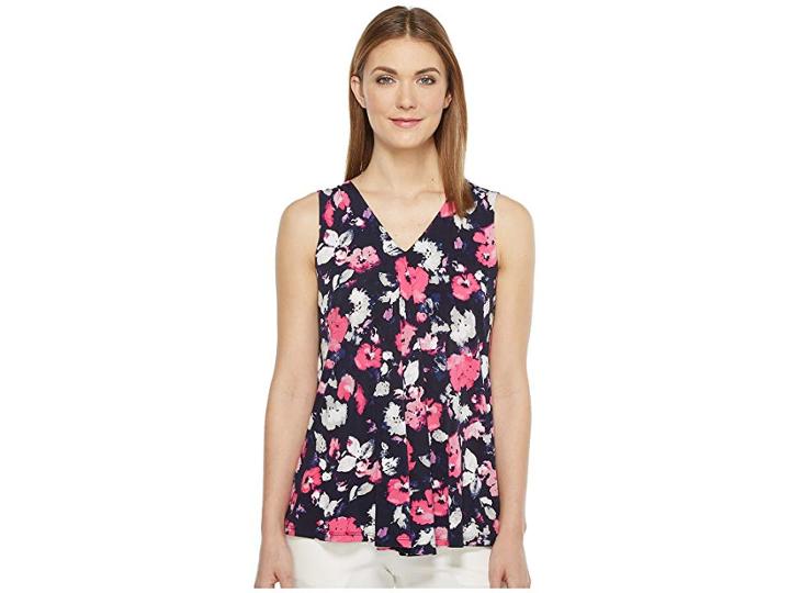Ellen Tracy V-neck Folded Hem Shell (artisan Floral Tulip) Women's Clothing