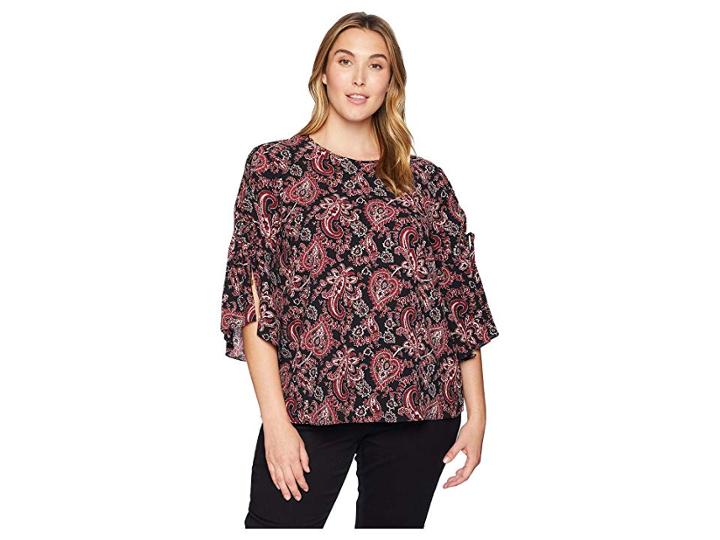 Michael Michael Kors Plus Size Sweatheart Paisley Short Sleeve Top (black/maroon) Women's Clothing