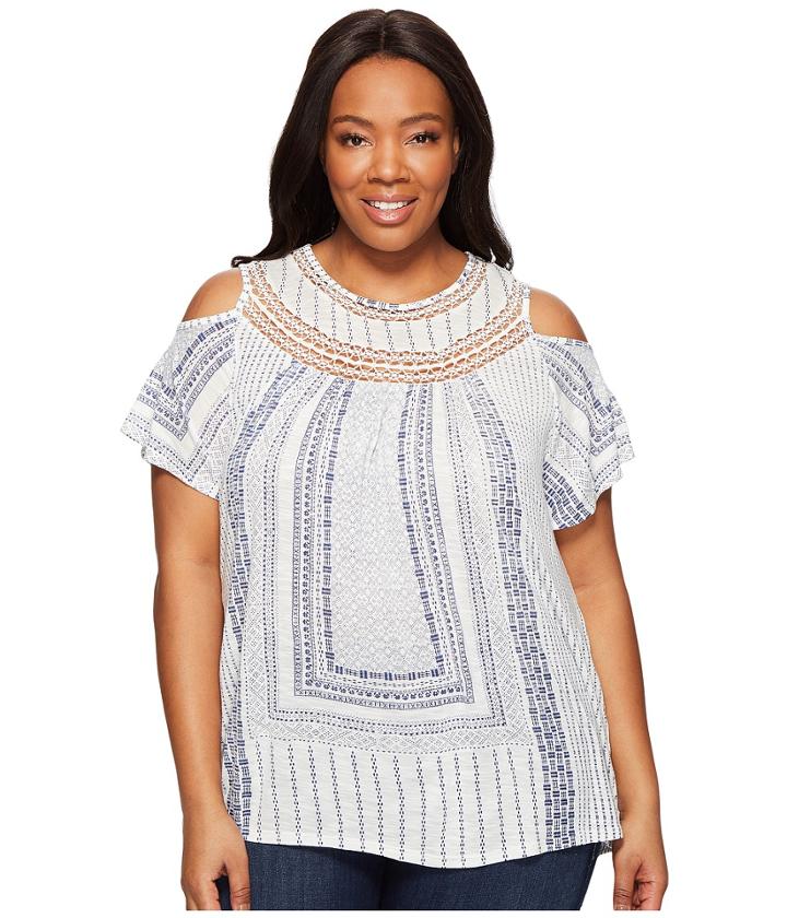 Lucky Brand Plus Size Cold Shoulder Crochet Top (white Multi) Women's Short Sleeve Pullover