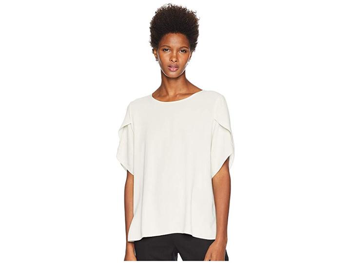 Eileen Fisher Silk Georgette Crepe Jewel Neck Short Tulip Sleeve Top (bone) Women's Clothing